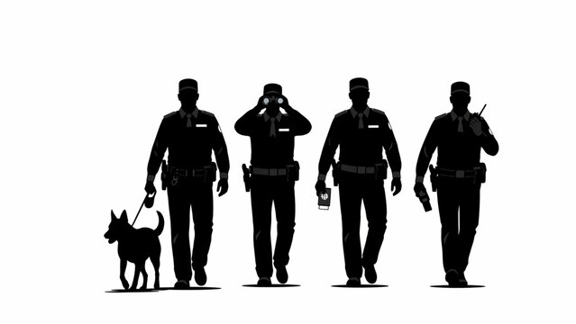 Silhouette of security personnel and K9 unit walking, representing law enforcement and public safety