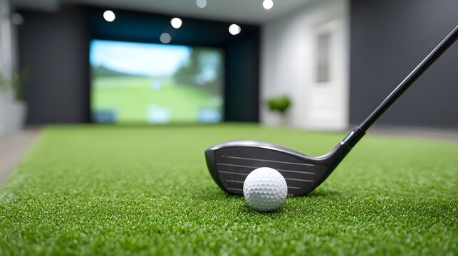 Close up view of a golf club and ball ready for a shot on an indoor putting green with a virtual golf course displayed on a large projection screen highlighting modern sports technology and leisure