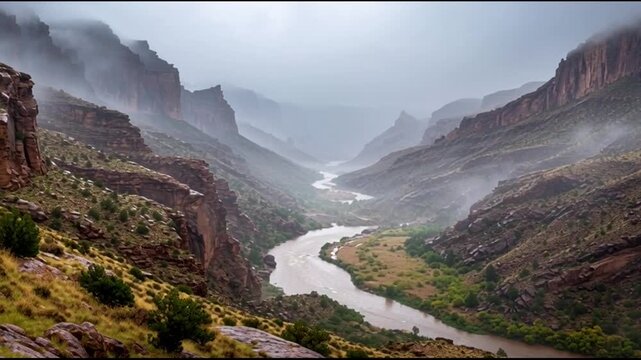 Rugged River Gorge Blanketed Drifting Fog