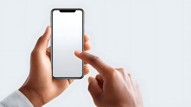 Close up of diverse hands holding and touching a sleek blank smartphone screen highlighting technology interaction user engagement and the digital interface in a clean minimalist setting