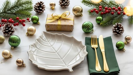 Elegant christmas table setting with leaf plate and festive decor