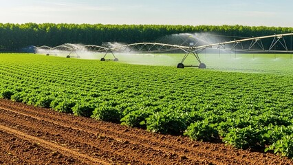 Vast green field of growing crop being irrigated by a large center pivot sprinkler system under a bright sunny sky video 4k