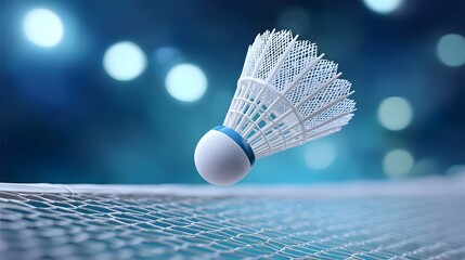 Dynamic action shot of a white and blue badminton shuttlecock in flight approaching the net over a blurred court background with stadium lights conveying speed and competition