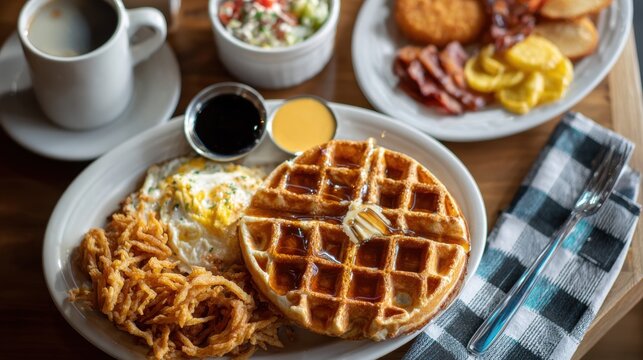Delicious breakfast served with waffle, eggs, and hash browns