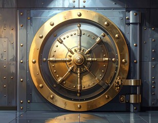 Massive gold bank vault door, complex locking system
