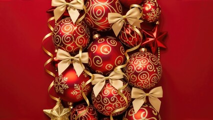 Elegant christmas decorations: red and gold ornaments with ribbons on festive background