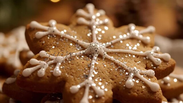 Festive cookies shaped as snowflake decorated with glaze and glitter