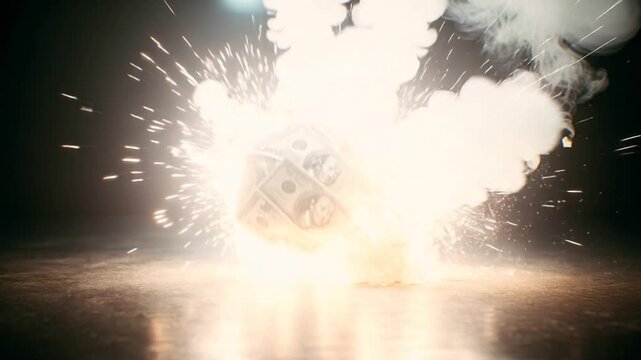 Money bomb with burning fuse exploding