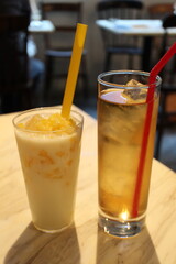 Indian drink: iced tulsi tea and honey-and-salt lemon lassi