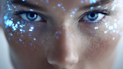 Intense gaze from a woman with luminous blue digital particles scattered across her face and around her striking blue eyes conveying a futuristic technological beauty concept