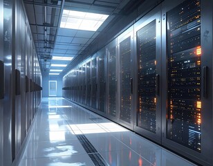 Server room aisle with racks of blinking lights