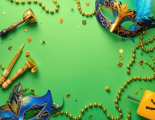 Mardi Gras layout masks, beads, noisemakers on green