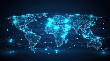 Global network map, glowing points and lines connecting world map