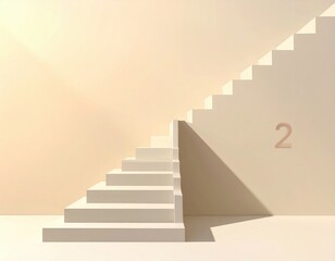 Ivory stairs ascending bathed in light, "2" on wall