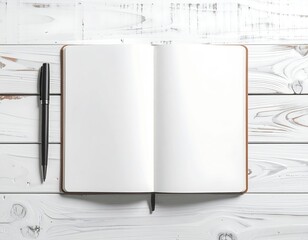 Open notebook, blank pages, black pen on white wood
