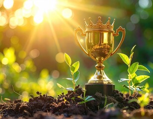 Crowned trophy amidst seedlings, bathed in golden sunlight