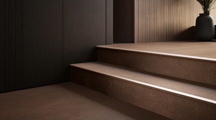 Modern, minimalist stairway with warm-toned, textured flooring and dark walls