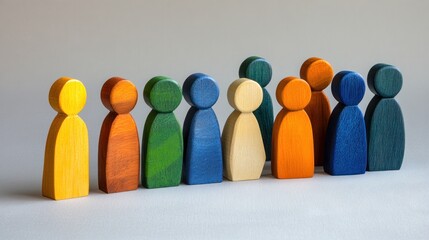 Colorful wooden figures in a row against a plain background