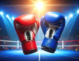 Boxing ring red, blue gloves under bright stadium lights