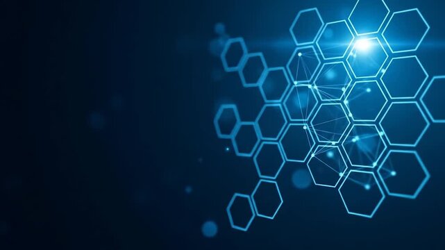 Abstract digital technology background with interconnected glowing blue hexagonal grid, symbolizing data transfer, network communication, and innovative future systems in science and industry