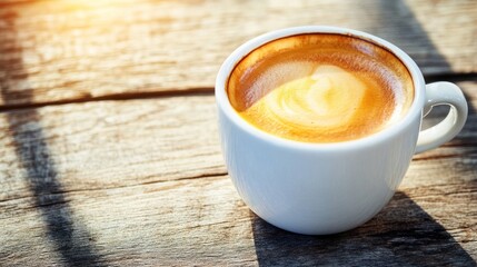 White coffee cup with latte art on weathered wooden table, sunlight