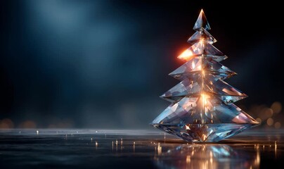 Crystal faceted christmas tree sparkling with golden light reflections on a dark, reflective surface, creating a festive holiday atmosphere - Powered by Adobe