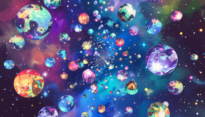 Vibrant Multiverse Concept: Colorful Planets and Galaxies Floating in Abstract Cosmic Space