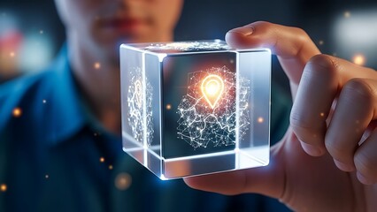 Interactive Location Data Display A Person Holding a Transparent Cube with Location Icon