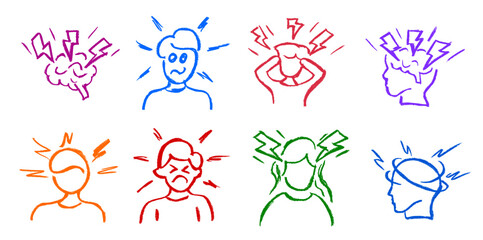 Head Pain Dizziness Related Icon Crayon Chalk Drawing Doodle Vector Set