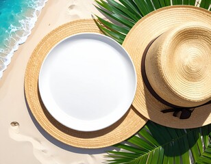 Beach flatlay plate, hats, fronds, turquoise sea
