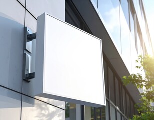 Blank sign mockup on modern building, sunlight