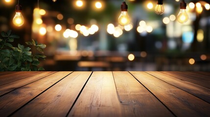 Wooden tabletop, bokeh lights, outdoor cafe