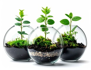 Three glass terrariums, plants sprout from moss