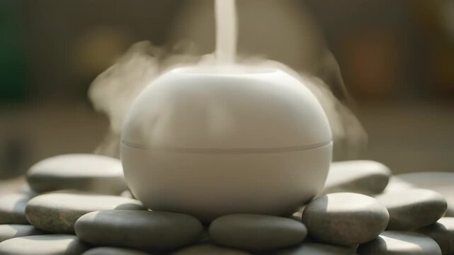 Still life of pebbles and aromatherapy diffuser with gentle steam