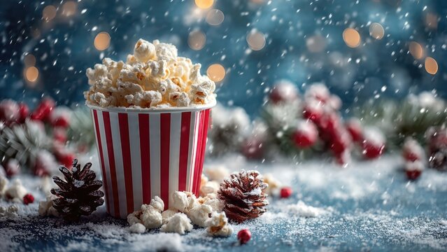 Festive winter popcorn snack with snowfall and holiday decor in cozy setting - Powered by Adobe