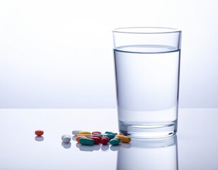 Pills & glass of water. Soft, bright, and minimalist