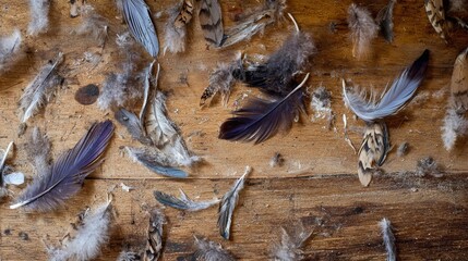 Fototapeta premium Close-up of scattered bird feathers on a brown wooden board, showing delicate textures, soft patterns, natural plumage details, and subtle color variations, highlighting wildlife and nature concepts