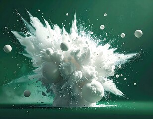 Cloud explosion of white spheres on emerald surface