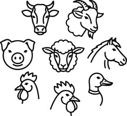 Obraz premium Simple black outline vector icons of farm animal heads agricultural concept