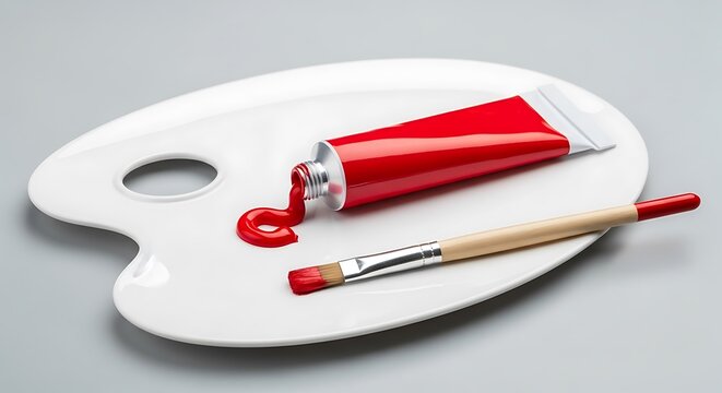 Red paint tube squeezed onto a white artist palette with a paintbrush loaded with red paint artistic - Powered by Adobe