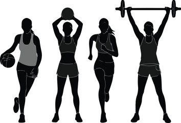 Diverse female silhouettes engage in varied fitness activities including basketball, weightlifting, and running, promoting health and wellness.