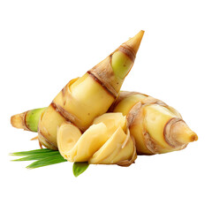 Close-up of two yellow-pale bamboo shoots, cut open to show interior