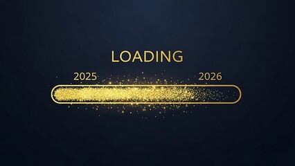 A loading bar with golden particles transitioning from the year 2025 to 2026 on a dark background