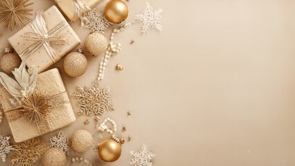 Elegant holiday background with gold ornaments and wrapped gifts for festive celebrations
