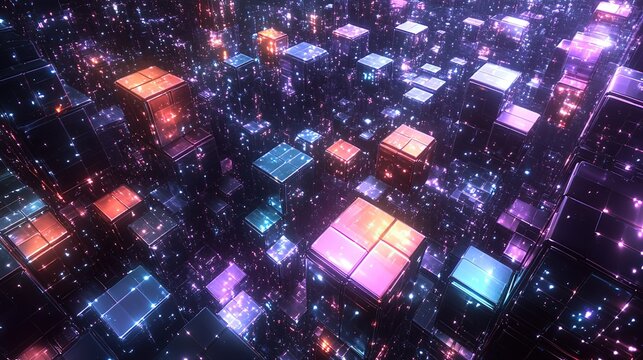 3D Render of Glowing Cyber Cubes in a Digital Landscape