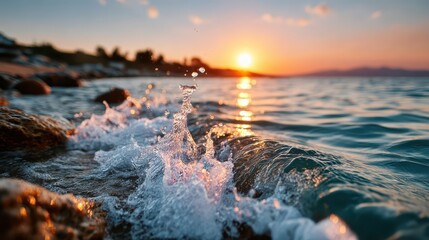 A stunning sunset casts a golden hue over the ocean waves as they crash against the rocky shoreline, creating a picturesque and tranquil coastal scene.
