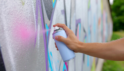 Hand spraying pink paint on a concrete wall with graffiti. Urban street art creation and expression.