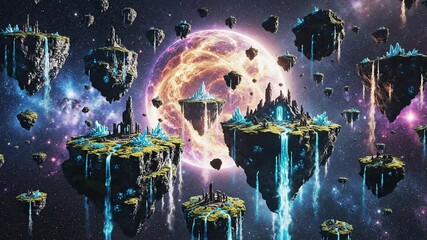 Mystical portal gateway with floating islands and ancient symbols - Powered by Adobe