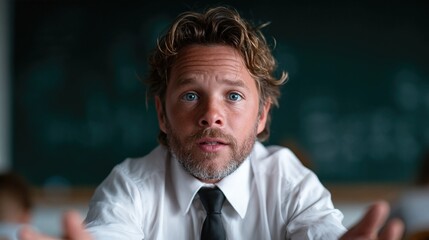 A passionate male teacher with curly hair speaks animatedly to his students in a classic classroom setting, creating an inspiring atmosphere for engaging discussions and learning.