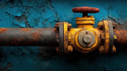 Detailed Close Up of a Rusty Yellow Valve on a Weathered Pipe with Blue and Orange Paint Flaking Against a Dark Backdrop Corrosion Industrial Aesthetic High Detail - Powered by Adobe